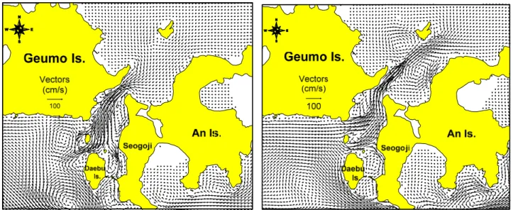 Fig.  6.  Maximum  flood  (left)  and  ebb  (right)  currents  in  spring  tide  between  Geumo  Island  and  An  Island.