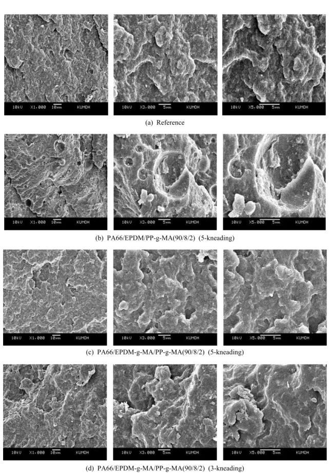 Figure 15. SEM photomicrographs of (a) Reference, (b) PA66/EPDM/PP-g-MA compounded in the 5-kneading block screw config- config-uration, (c) PA66/EPDM-g-MA/PP-g-MA compounded in the 5-kneading screw configuration and (d) in the 3-kneading block screw  conf