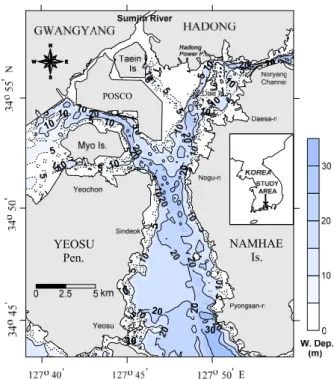 Fig. 1. Bottom topographical map of the Yeosu Bay in Korea. 