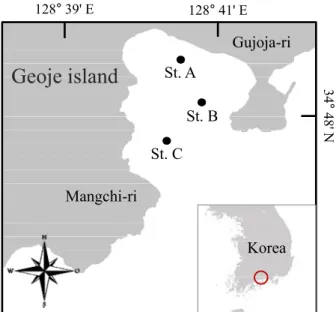 Fig. 1. Location of sampling sites in the Gujora and Mangchi  coastal waters of Geoje from June, 2018 to May, 2019.