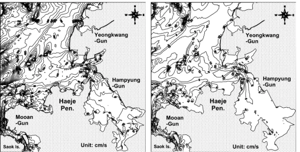 Fig. 7. Tide-induced residual current vectors at spring tide (left) and neap tide (right).