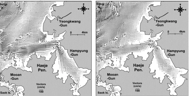 Fig. 5. Current vectors at flood (left) and ebb (right) in spring tide.