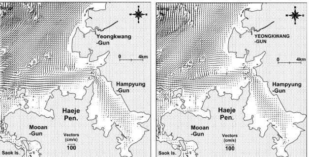 Fig. 5. Current vectors at flood (left) and ebb (right) in spring tide.