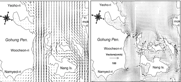 Fig.  7.  Current  vectors  at  high  water  (left)  and  low  water  (right)  in  spring  tide  around  the  west  channel  of  Yeoja  Bay.