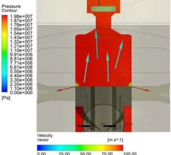 Figure  8:  Pressure  contour  and  velocity  vector  at  start  of  delivery