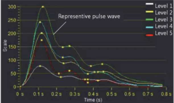 Fig. 1. Radial pulse waveforms obtained with  5 levels of applied pressure 