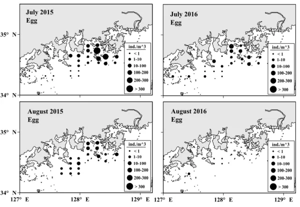 Fig. 6. Horizontal distribution of the abundance(/m 3 ) of anchovy egg.