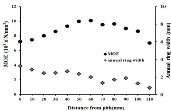 Fig. 5. MOR and annual ring width of Pinus densi- densi-flora forma erecta Uyeki by distance from pith.