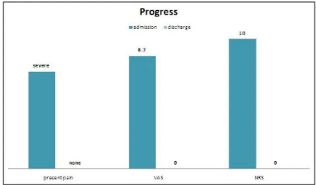 Fig. 4. Changes of pain of case 2 measured with baseline  evaluation,  visual  analogue  scale(VAS)  and  numerical  rating  scale(NRS)  at  admission  and discharge(4th day of admission)