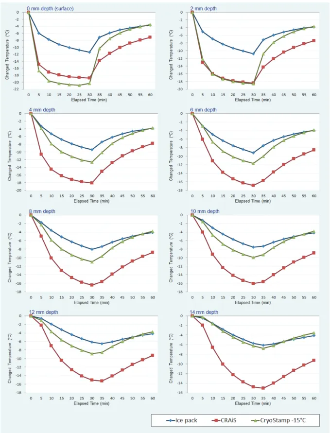 Fig. 4. Changed temperature by cooling methods in various depths of tissue model