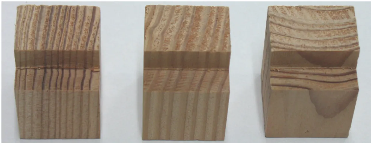 Fig. 1. Test specimens with different orientations of growth rings: A) Radial section; B) intermediate section; C) Tangential section.