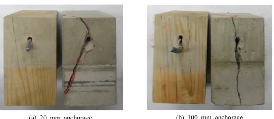 Fig. 10 shows photographs after failure of  tested wood-concrete composites at 20 mm and  100 mm of anchorage