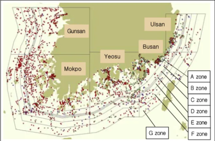 Figure  5:  The  distribution  map  of  ships  plotted  by  AIS  data  during  20  minutes  for  1  week  at  7  zones(A∼G  zone)
