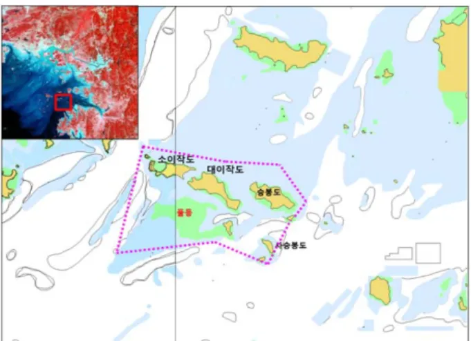 Figure  1:  Location  of  Daeijack  Marine  Protected  Area,  for  which  area  of  55.7  km2  is  indicated  by  the  pink  dotted  line