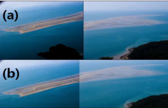 Figure  3:  Image  taken  from  top  of  Song-Ee  mountain  (a)  Two  images  of  Puldeung  taken  from  two  cameras,  (b)  One  Puldeung  image  that  was  combined  from  two  separate  images.