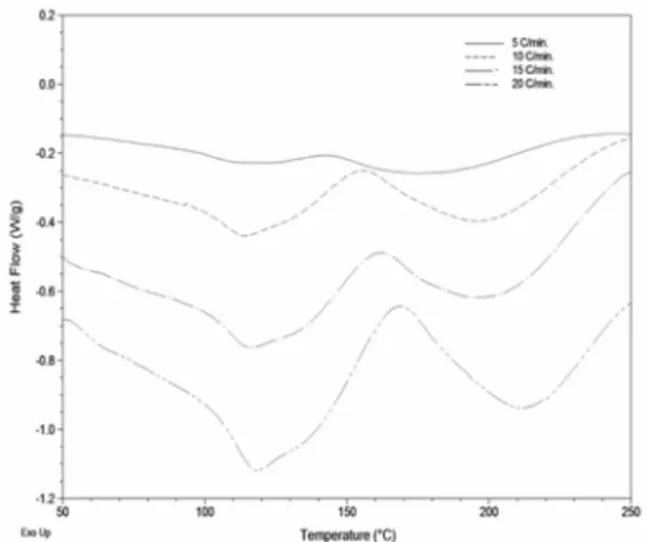 Fig. 1. Typical DSC thermograms for the control  nanocomposites (0% clay) at different  heat-ing rates.
