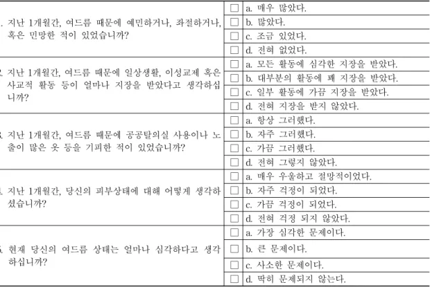 Fig.  2.  Qualitative  global  acne  scarring  grading  system 4) 만족도 검사 치료  마지막  날  2문항으로  이루어진  설문지로  만족도를  측정하였다