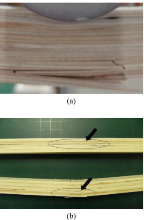Fig. 5. Failure mode of tested LVL in horizontal  shear test (a; shear failure near the neutral  plane, b; shear failure in weakness region  containing defects).