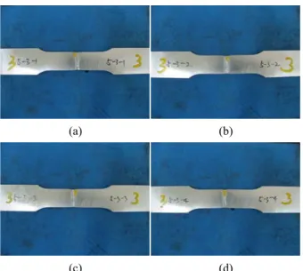 Figure  11:  Various  tensile  specimens  as  to  the  welding  conditions:  190  A  x  20.5  V  at  1.0  m/min(10T);  10-2 (a)  8.99T  x  24.47W,  (b)  8.99T  x  24.49W, 