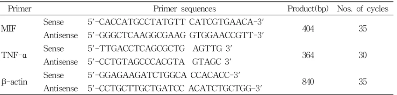 Table  1.  The  Primer  of  MIF,  TNF-α  and  β-actin  mRNA웹진,  한국)에  2시간  반응시켜  윤활관절막을  분리하고 세절하였다