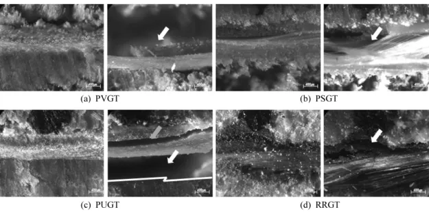 Fig. 4. Micrographs of bonding layer according to types of adhesives in the textile type of glass fiber (note  that arrows marked the failure mode of bonding layer).