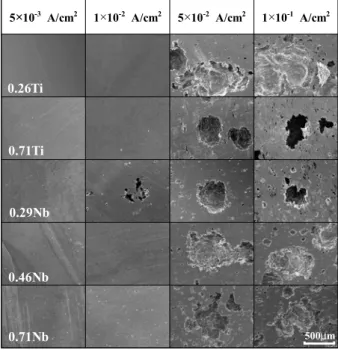 Figure  4: Surface  morphologies  after  galvanostatic  experiment  in  sea  water  with  Ti,  Nb  contents  of  stainless  steels 