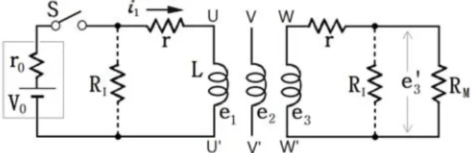 Figure  2:  Circuit  diagram  to  measure  induced  voltage  at  W-W’  winding  when  DC  current  is  given  at  U-U’