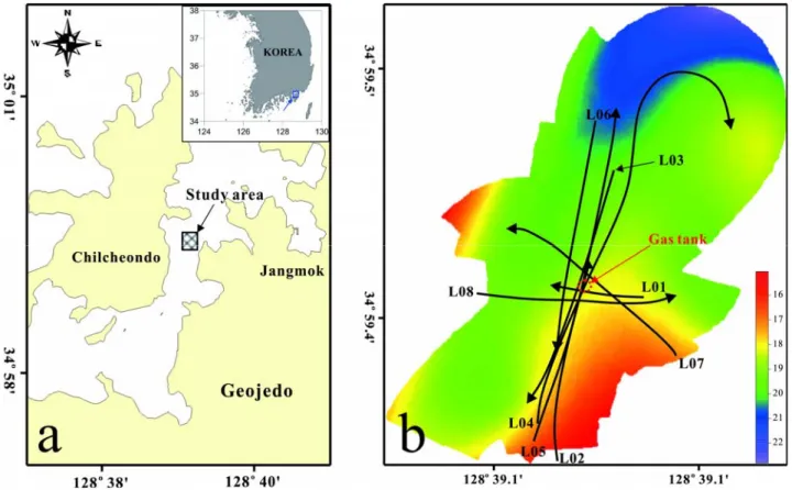 Figure  1.  The  map  shows  as  plume  detecting  point  (a)  and  bathymetry  (b)  of  study  area  located  between  Geojedo  and  Chilcheondo,  South  Sea  of  Korea