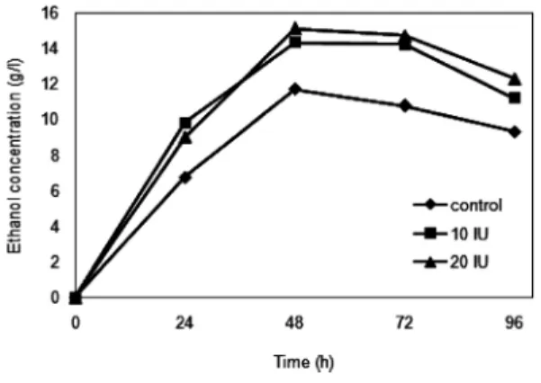 Fig. 3. Ethanol production from SH by P. stip- stip-itis CBS 6054 in different xylanase  con-centration