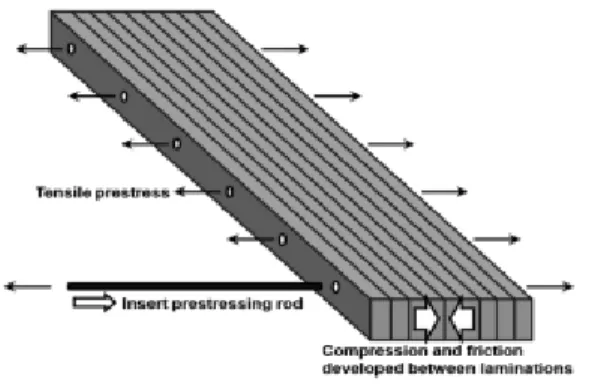 Fig. 1. Schematic diagram of stress-laminated  timber.1.  서  론응력적층재는 Fig. 1에서와 같이 넓은 재면이 맞닿도록 연속적으로 배치된 층재에 횡방향 프리스트레스를 가하여 층재 사이의 하중 전달이 접착제(구조용 집성재)나 접합철물(못적층재, nail-laminated lum-ber)에 의해 유도되는 전단력에 의하는 것이 아니라 프리스트레스에  의해  발생하는  압축력과  마찰력에 의하는 특징을 가지고 있다