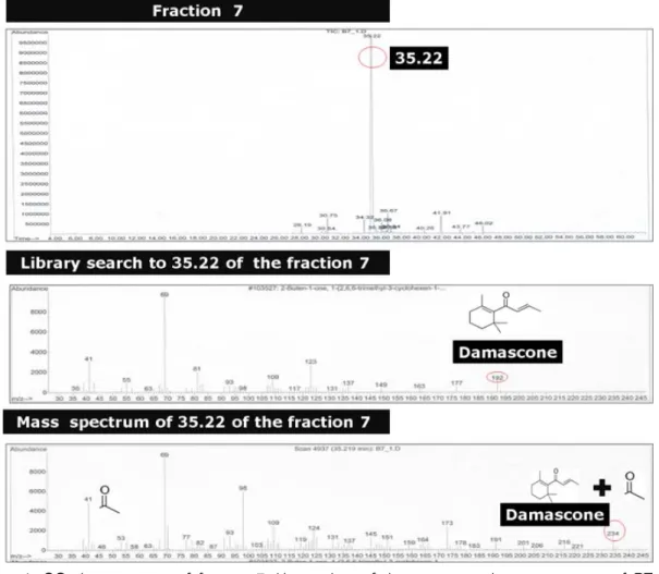 Fig. 4. GC chromatogram of fraction 7, library data of damascone, and mass spectrum of RT a  peak at RT 35.22 min