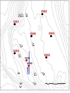 Figure 2: Geological map (KIGAM) of the  study area 3.  퇴적물  시료  취득 해양 탐사장비 중  음파를 이용해 탐사를 실시  할 경우 음파의 투과 정도는 퇴적물의 물성에 영 향을 많이 받기 때문에 퇴적물에 대한 입도분석은  필수적이며,  이를 위해 해저 주상시료 및 표층시료 를 취득하여 각종 물성 분석 및 입도분석을 실시 하였다