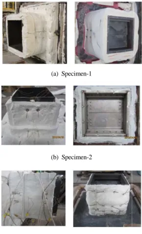 Figure 2: Design of the test specimen &amp; thermo  -couples position  방열성 측정을 위한 시험편 상의 열전대 위치는  Figure 2에서와 같이 댐퍼의 폭 또는 직경이 200  ㎜ 이하인 경우에는 방열재 표면 2  개,  코밍 표면  2개,  총 4개의 열전대를 설치하며, 200 ㎜를 초과 할 때에는 방열재 표면 4  개,  코밍 표면에 4개,  총  8개의  열전대를  설치하여야  한다