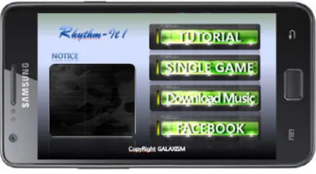 그림  3.9  Menu  Screen 현재 진행중인 작업은 BMS를 해석하여 화면에 노트를  뿌려주 는 작업을 하고 있다.  이것을 마친 뒤에는 BMS에서 해당 음원 재 생, BGA를 재생하는 작업을 할 것이며,  그 뒤에는 음원서버 구축,  Facebook API사용의  순으로  진행될  예정이다