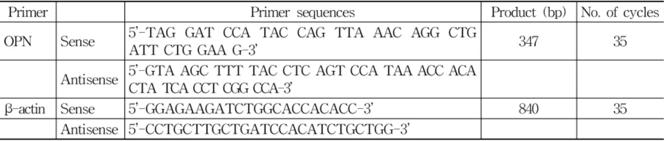 Table 1. The Primer of OPN and β-actin mRNA Cell Line Bank(KCLB ; Korea)에서 구입하였다. 세포는 37℃, 5% CO2incubator(Sanyo, Japan)에서 10%