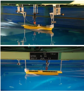 Fig. 4. Photographs of the resistance test of modified ship in  towing tank of NIFS.
