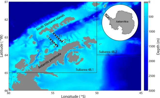 Fig. 1. Study area showing the acoustic transects (black lines and white dot lines from ES70 and EK60), and trawl (white  circle) during 2016.