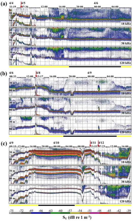 Fig. 3. Original S V  echograms displaying at 18, 38, and 120 kHz in the line 1 (a), 2 (b) and 3 (c)