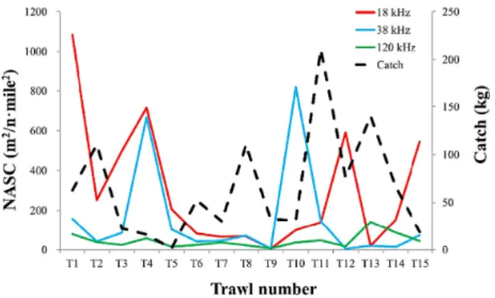 Fig. 7. The comparison between the nautical area scattering  coefficients (NASC) at 18, 38, and 120 kHz and the catch.