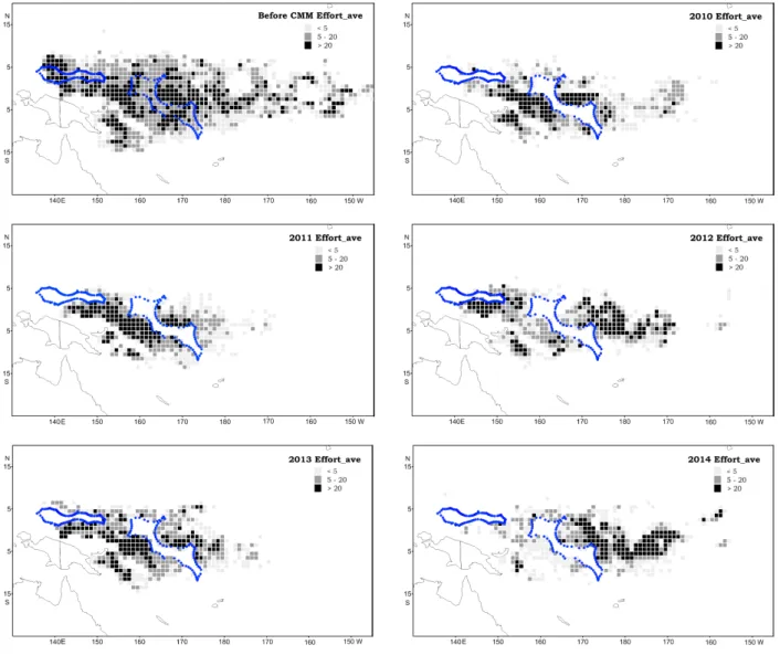 Fig.  8.  Distribution  on  fishing  effort  by  implementing  CMM2008-01  on  High  Sea  Pockets.가 있는 것으로 판단되며,  향후 FAD  조업 메커니즘과 눈다랑어의 생태학적 특성 간의 연계성에 관한 연구를 통해 눈다랑어의 어획을 저감할 수 있는 방법을 개발할 수  있을  것으로  기대된다.공해수역  조업제한현재 공해수역 조업제한조치는 포켓공해수역 조업금지와 국별 공해상 조업일
