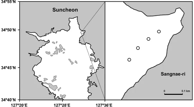 Fig.  1.  Location  of  the  study  area  for  collecting  specimens  of  Acanthogobius  flavimanus  (O).