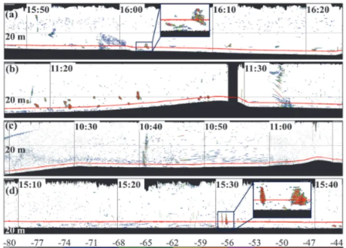 Fig. 2. Echograms before (a) eliminating noise and after (b) eliminating  noise (Station 4, April)