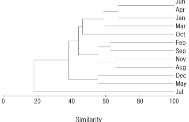 Fig. 7. Dendrogram of similarity of St. 2 by number of fishes collected  in coastal  waters of Geomundo, Yeosu.