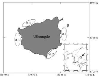 Fig. 1. Map showing the sampling area in the coastal waters off  Ulleungdo of Korea, 2013.