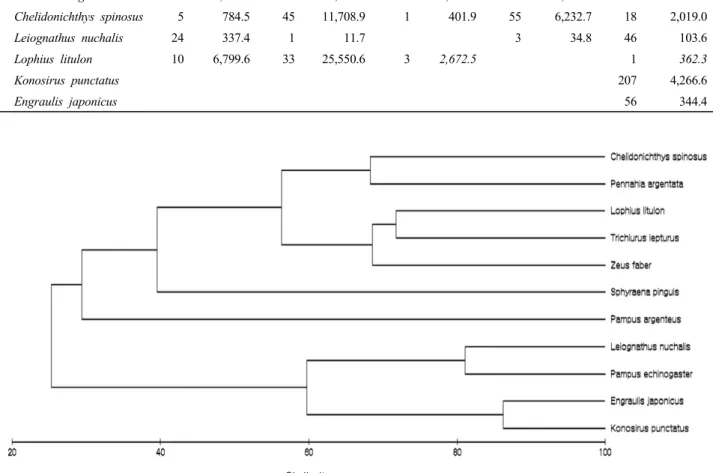 Fig. 3. A dendrogram illustrated the classification of fish species collected by bottom trawl in the coastal waters off Sejon island.