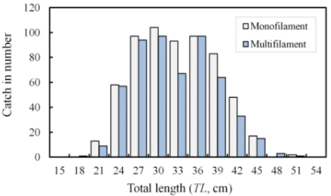 Fig.  10.  Comparison  of  total  length  distribution  of  marbled  sole  caught  in the monofilament and multifilament trammel net.