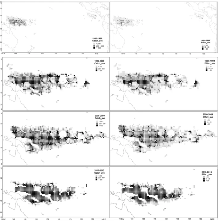 Fig. 7. Distributions on interdecadal average of catch and effort by Korean tuna purse seine fishery in the Pacific Ocean.