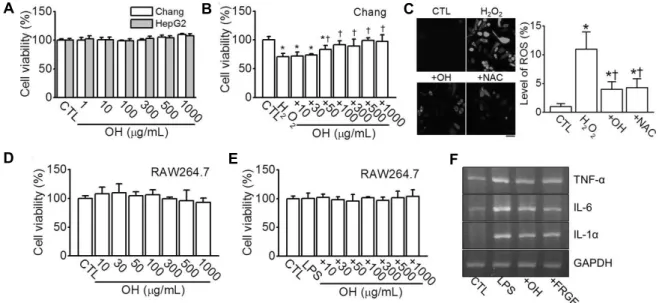 Fig. 2.  In vitro  antioxidant and anti-inflammatory effects of OH. (A) Effect of OH on viability of Chang and HepG2 cells