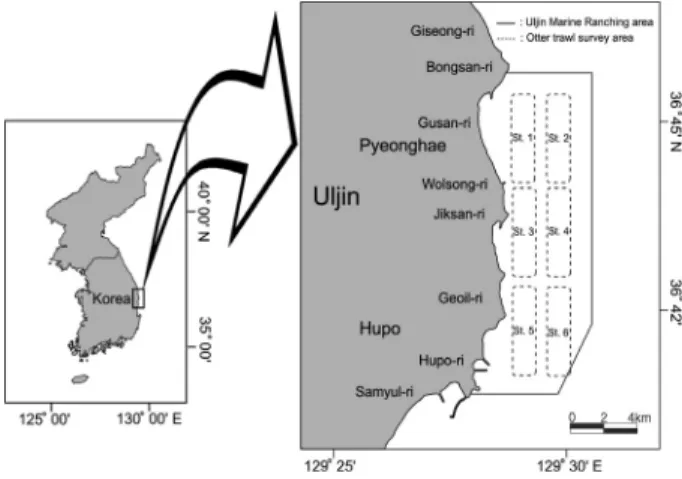 Fig. 1. Map showing the sampling stations in the Uljin marine ranching  area of Korea in 2009.