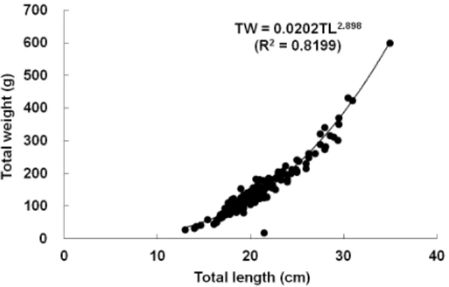 Fig. 4. Relationship between total length (TL) and total weight (TW)  of starry flounder, P